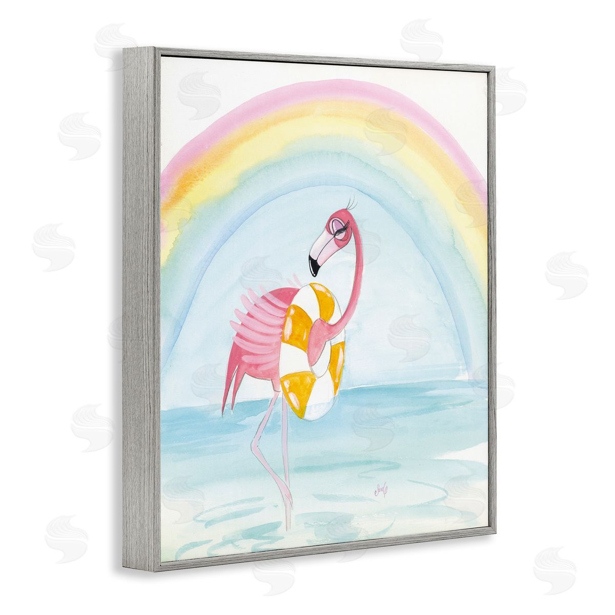 Summer Beach Flamingo Grey Frame Print Wall Art, Home Decor by Stellar Design Studio