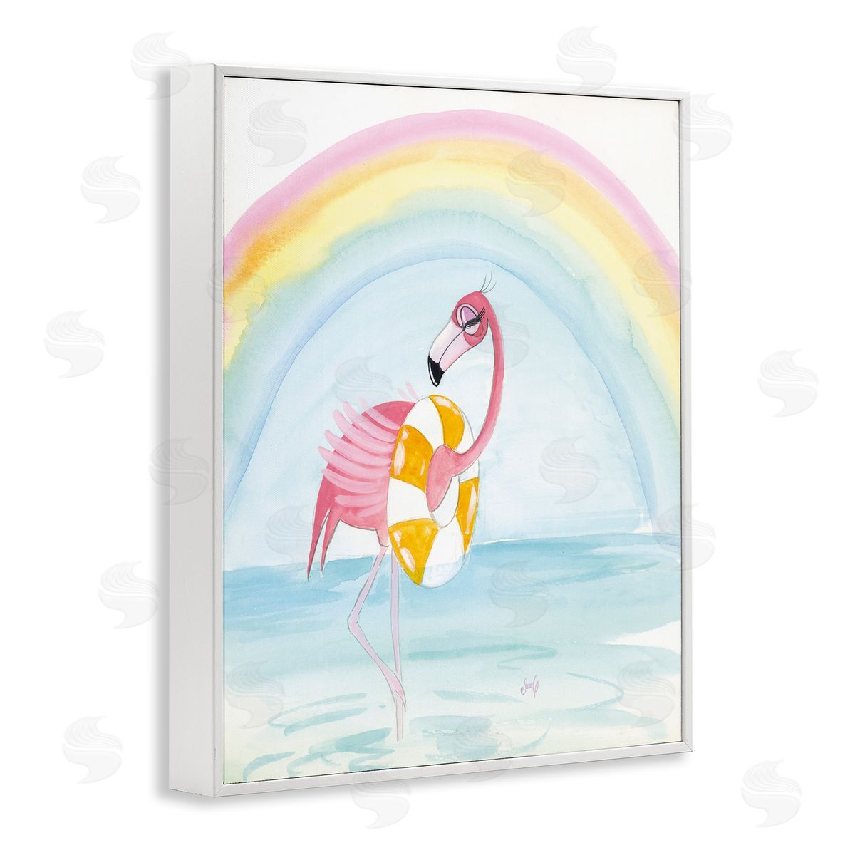 Summer Beach Flamingo White Frame Print Wall Art, Home Decor by Stellar Design Studio