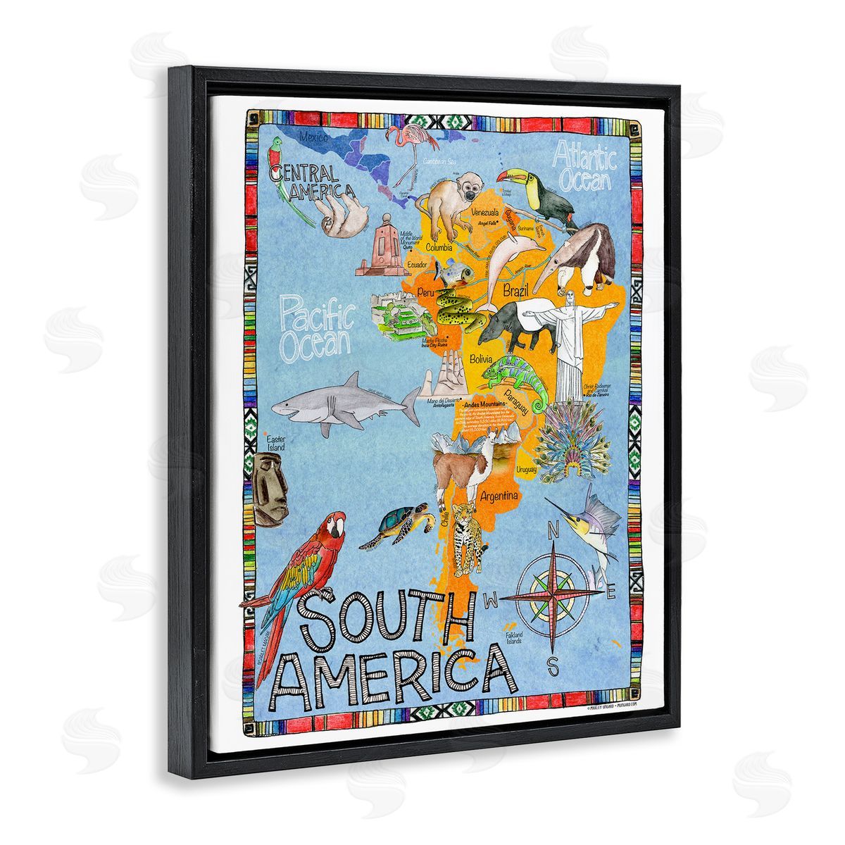 South Africa Animal Map Black Floating Frame Canvas Wall Art, Home Decor by Marley Ungaro
