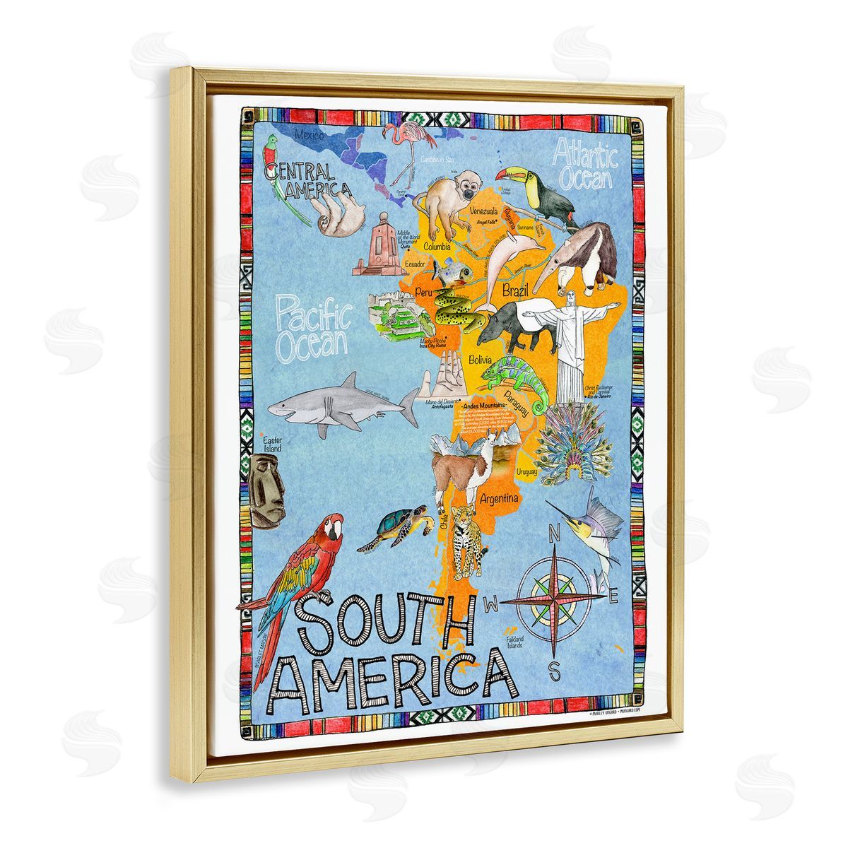 South Africa Animal Map Gold Floating Frame Canvas Wall Art, Home Decor by Marley Ungaro
