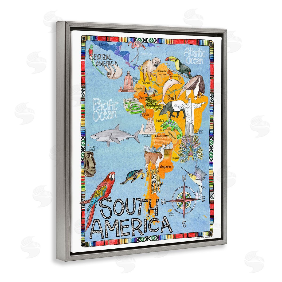 South Africa Animal Map Grey Floating Frame Canvas Wall Art, Home Decor by Marley Ungaro
