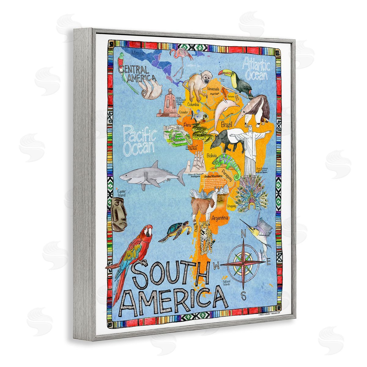 South Africa Animal Map Grey Frame Print Wall Art, Home Decor by Marley Ungaro