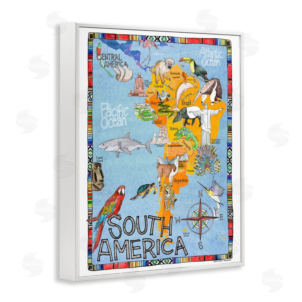 South Africa Animal Map White Frame Print Wall Art, Home Decor by Marley Ungaro