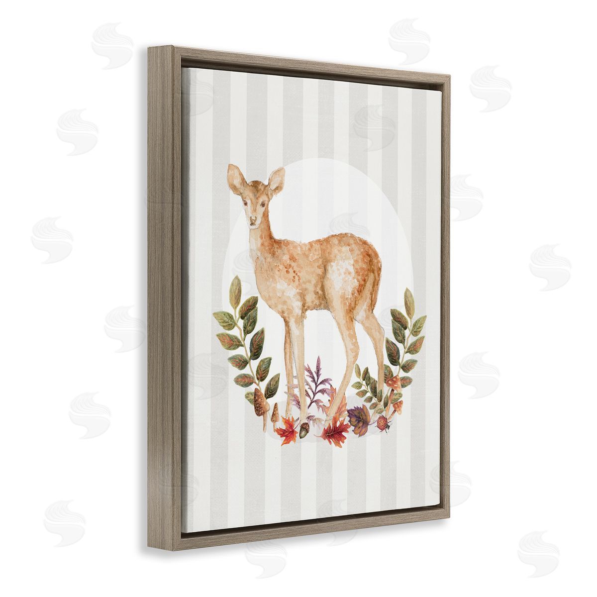 Forest Fawn on Stripes Brown Floating Frame Canvas Wall Art, Home Decor by Janice Gaynor