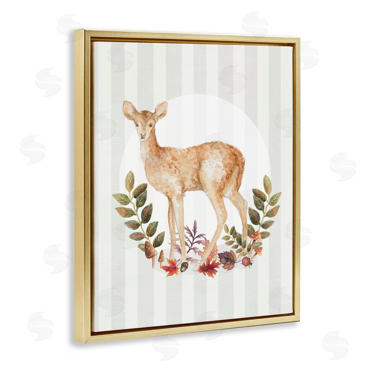 Forest Fawn on Stripes Gold Floating Frame Canvas Wall Art, Home Decor by Janice Gaynor