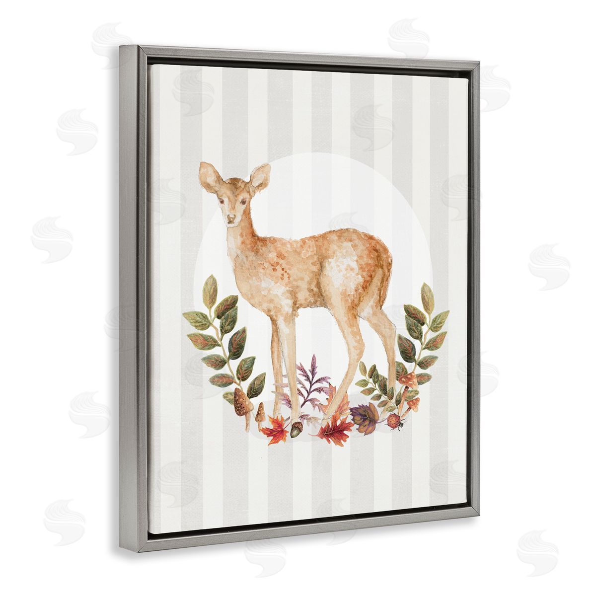 Forest Fawn on Stripes Grey Floating Frame Canvas Wall Art, Home Decor by Janice Gaynor