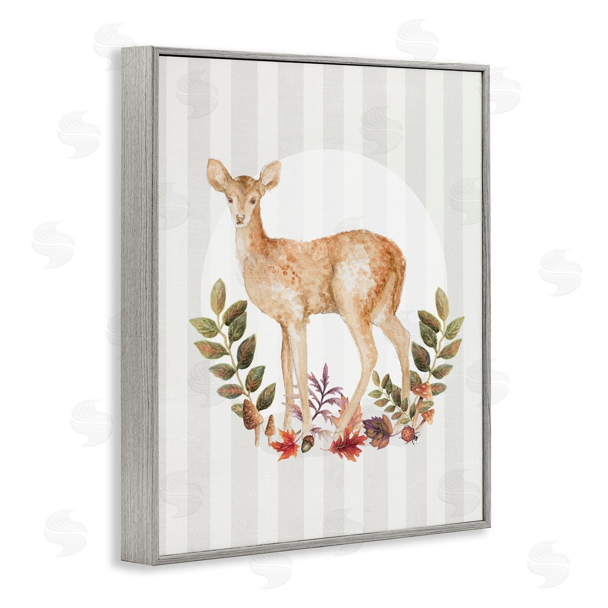 Forest Fawn on Stripes Grey Frame Print Wall Art, Home Decor by Janice Gaynor