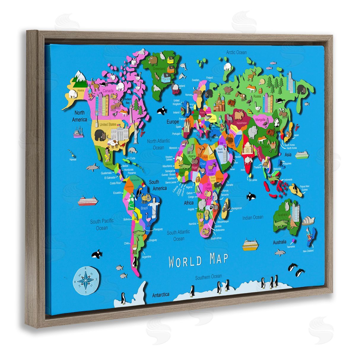 Educational World Map Brown Floating Frame Canvas Wall Art, Home Decor by Carla Daly