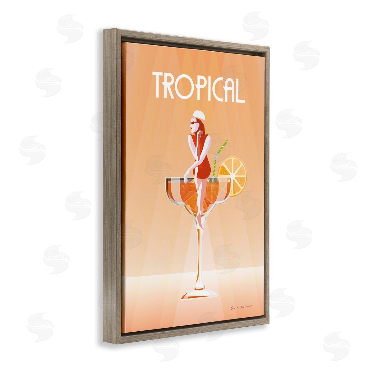 Tropical Drink Girl Brown Floating Frame Canvas Wall Art, Home Decor by Omar Escalante