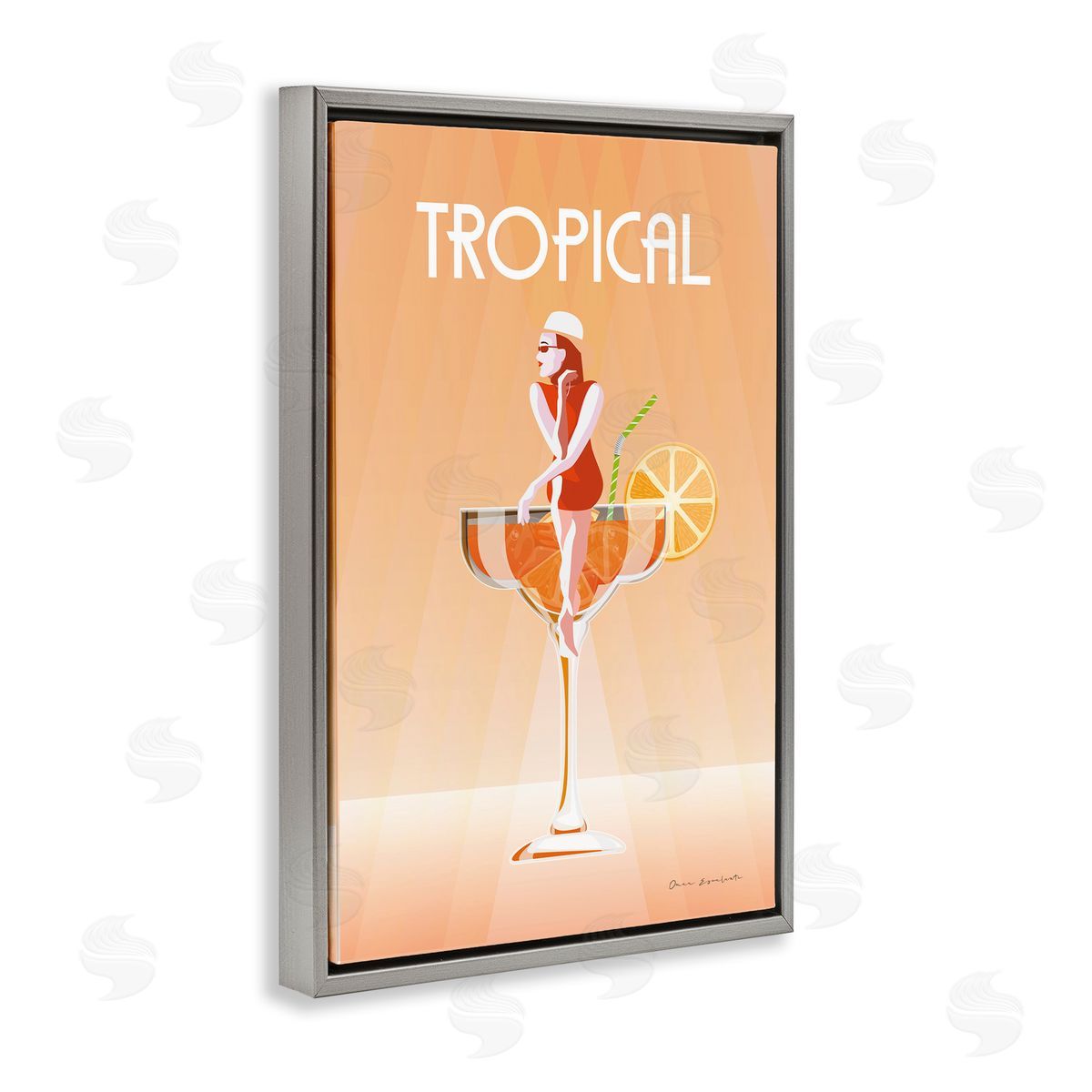 Tropical Drink Girl Grey Floating Frame Canvas Wall Art, Home Decor by Omar Escalante