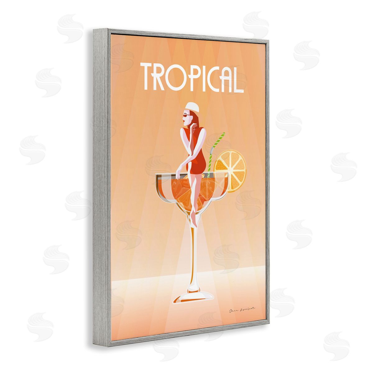 Tropical Drink Girl Grey Frame Print Wall Art, Home Decor by Omar Escalante