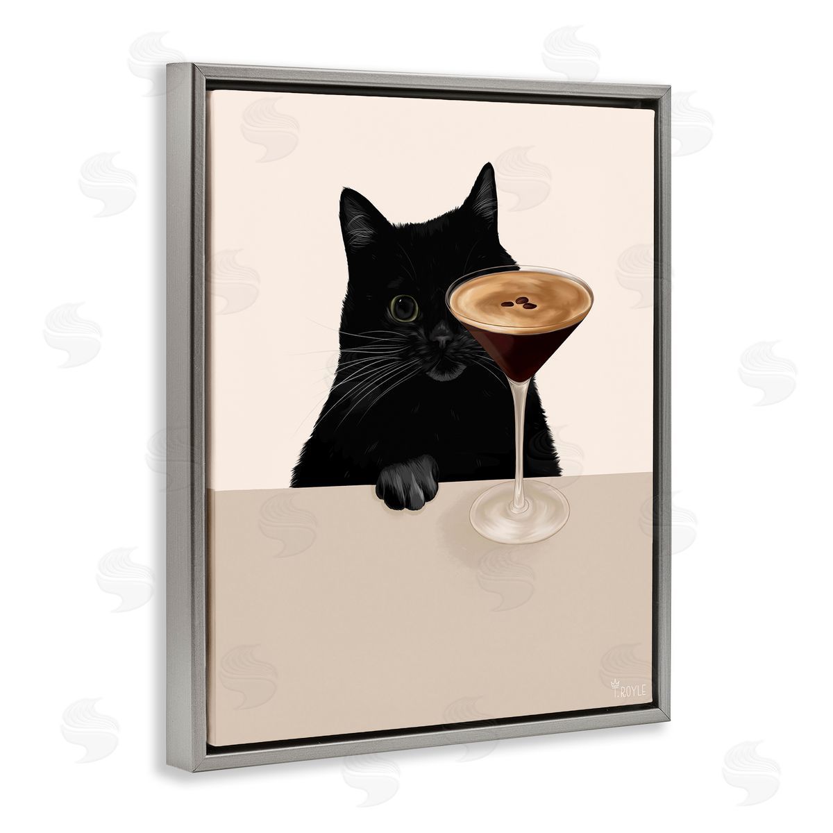 Cat and Espresso Martini Grey Floating Frame Canvas Wall Art, Home Decor by Tara Royle