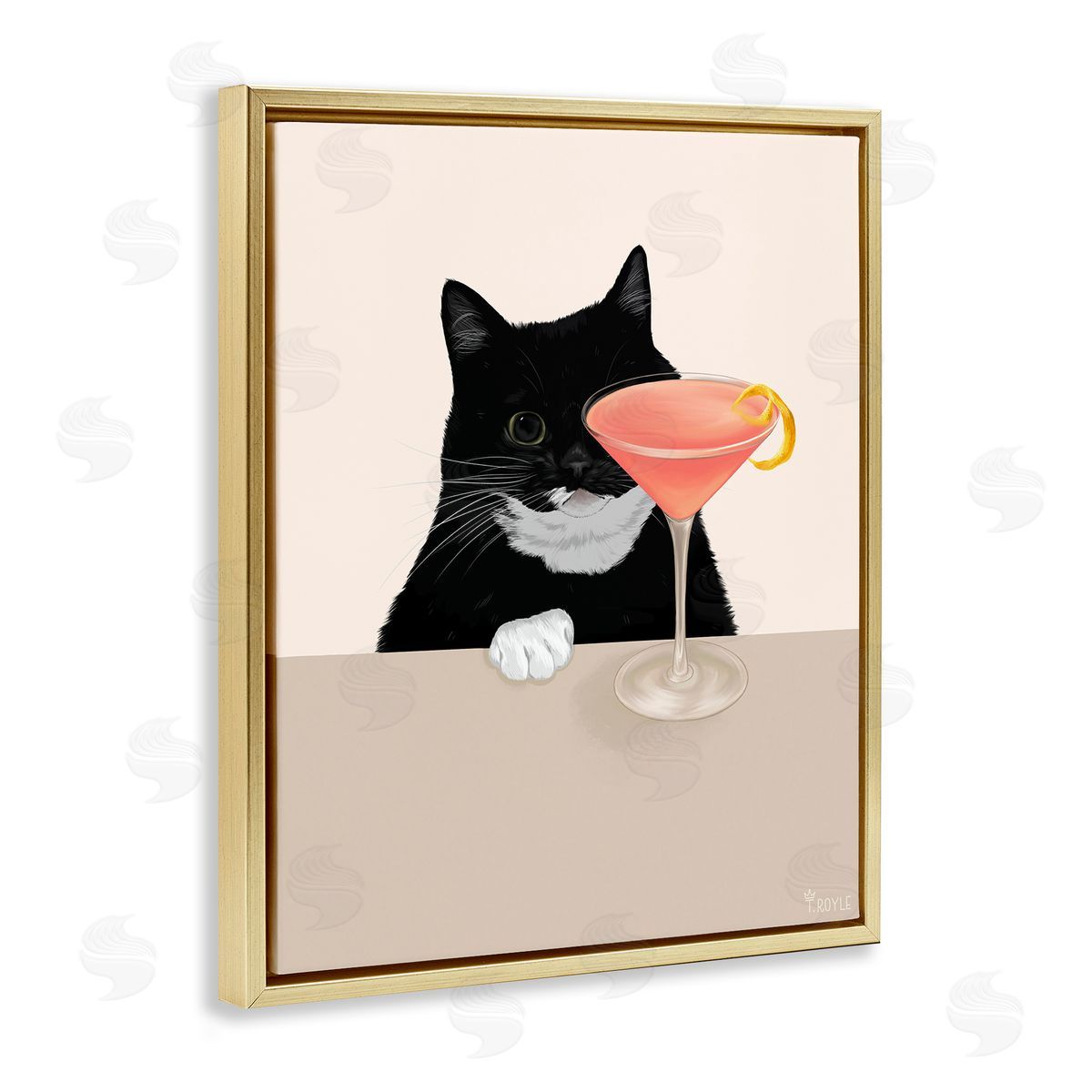 Cat and Pink Cocktail Gold Floating Frame Canvas Wall Art, Home Decor by Tara Royle