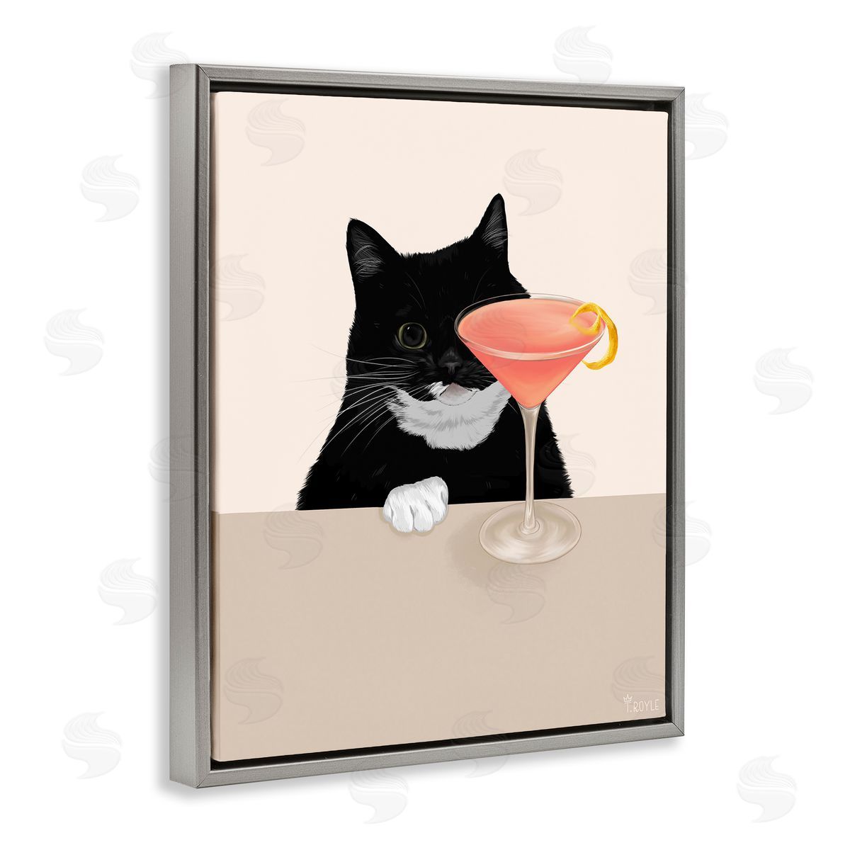 Cat and Pink Cocktail Grey Floating Frame Canvas Wall Art, Home Decor by Tara Royle