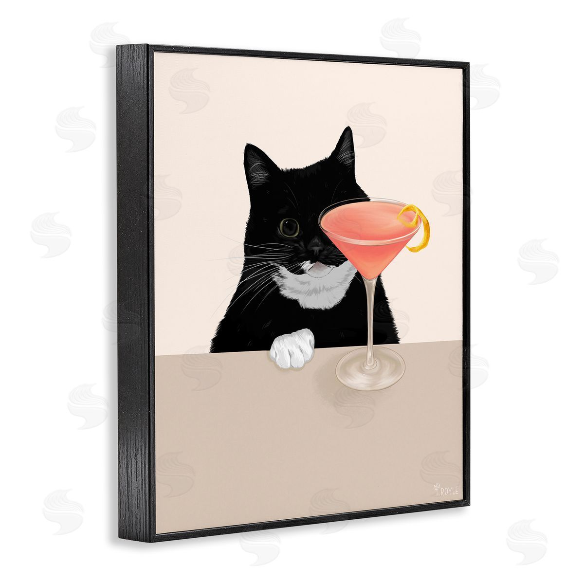 Cat and Pink Cocktail Black Frame Print Wall Art, Home Decor by Tara Royle