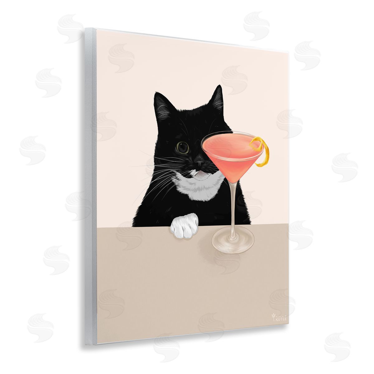 Cat and Pink Cocktail Wood Plaque Wall Art, Home Decor by Tara Royle