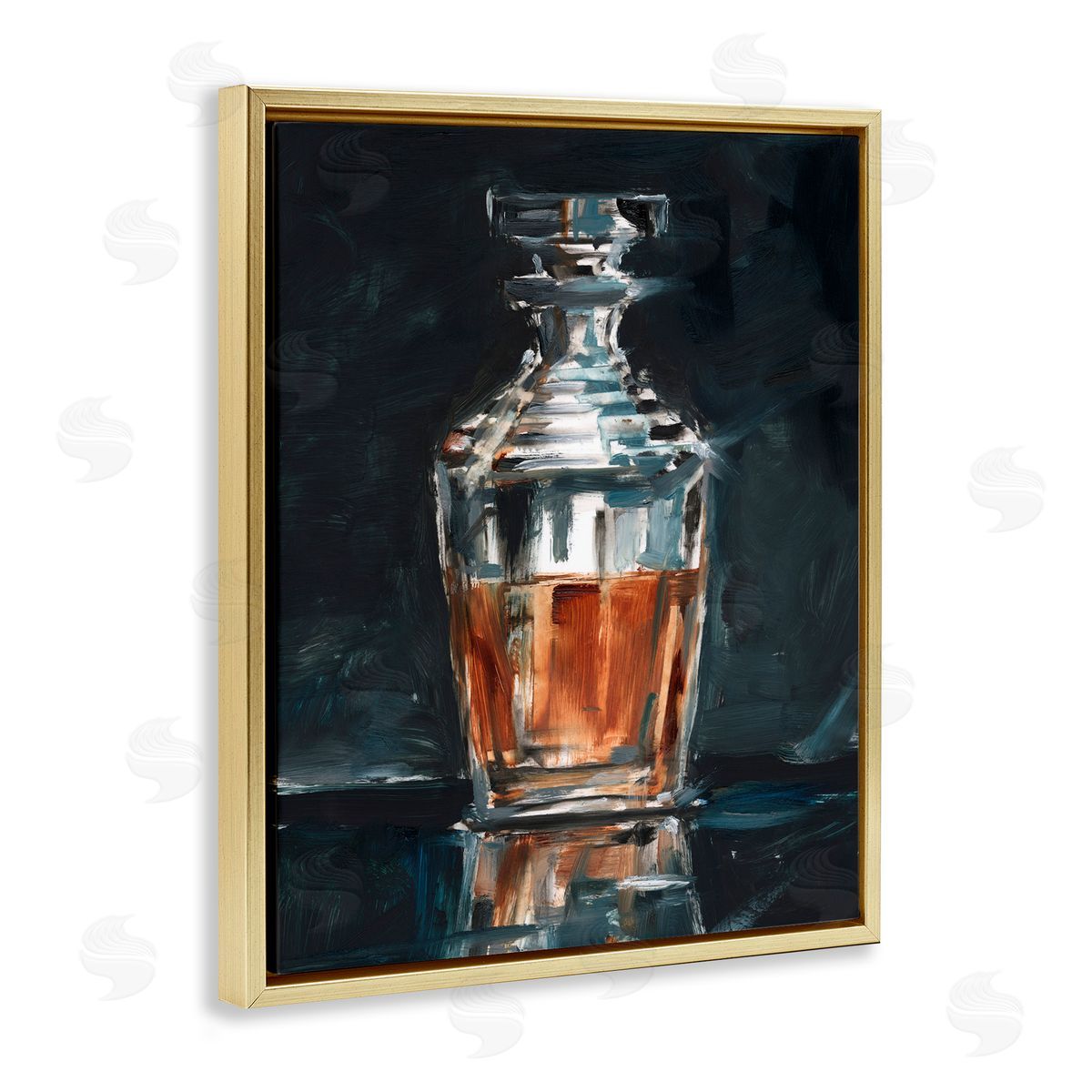 Whiskey Decanter Still Life Gold Floating Frame Canvas Wall Art, Home Decor by Ethan Harper