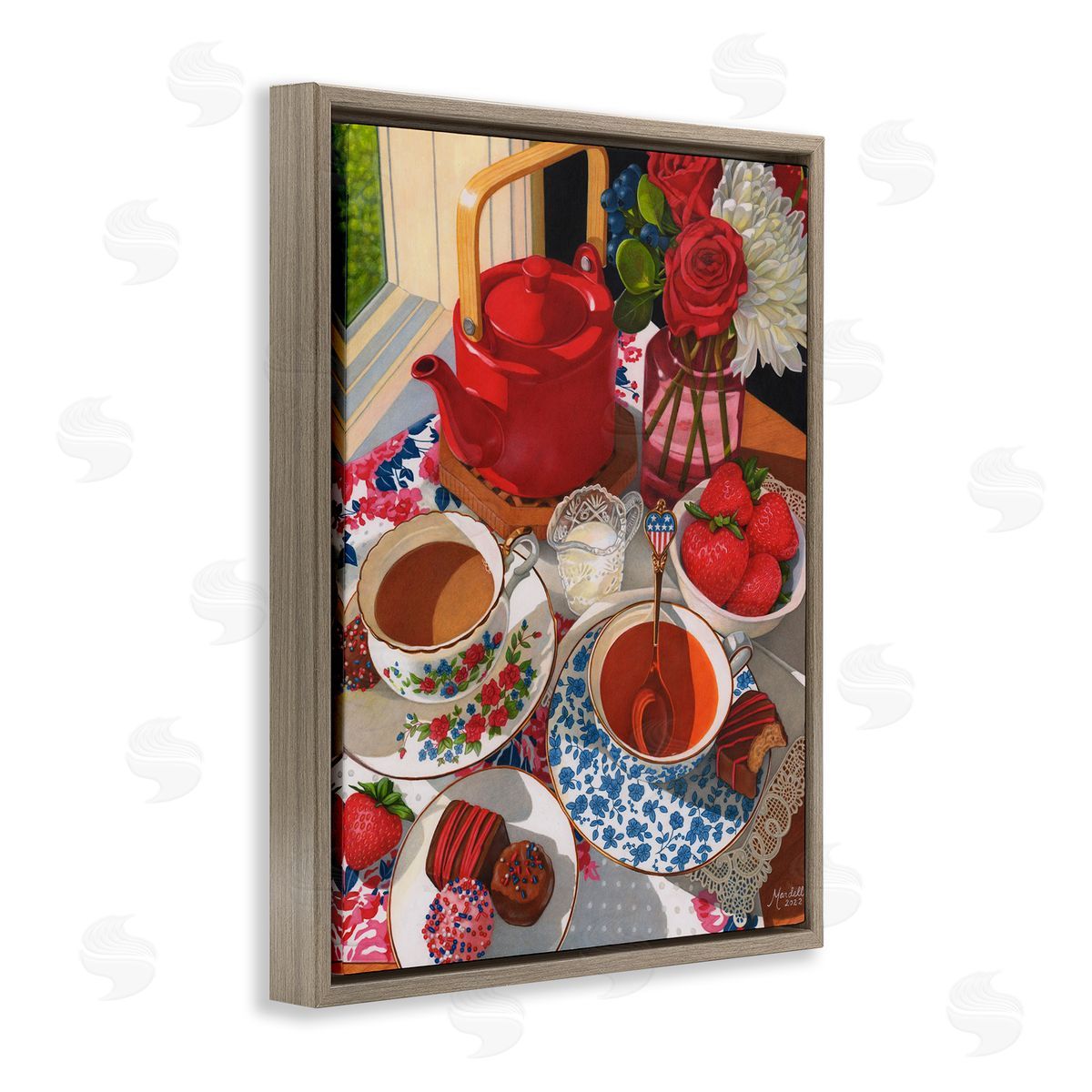 Patriotic Tea Party Brown Floating Frame Canvas Wall Art, Home Decor by Mardell Schuster