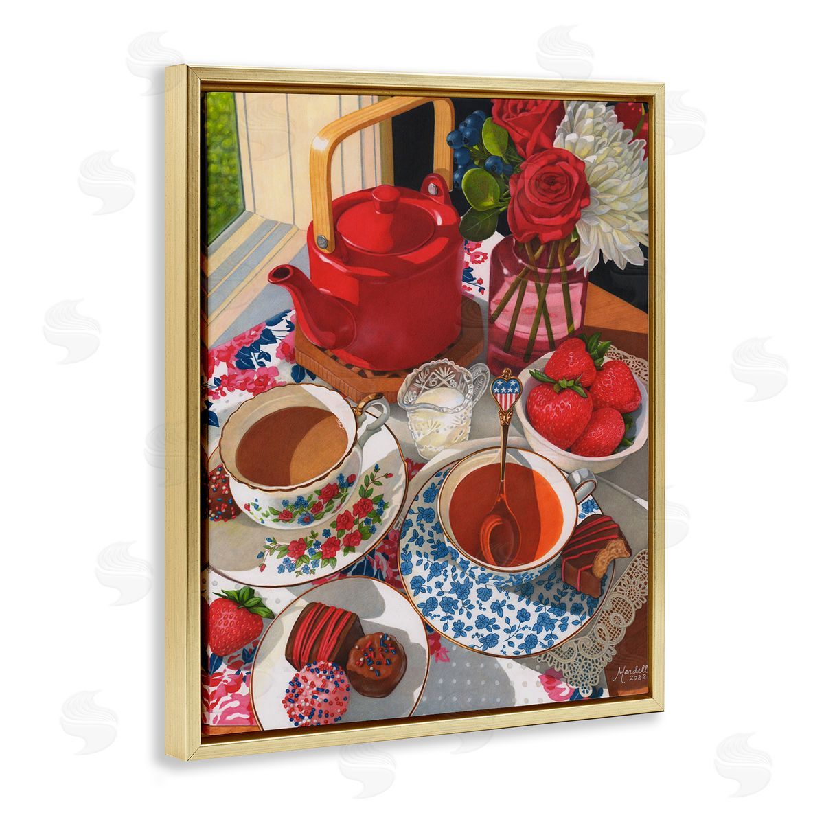 Patriotic Tea Party Gold Floating Frame Canvas Wall Art, Home Decor by Mardell Schuster