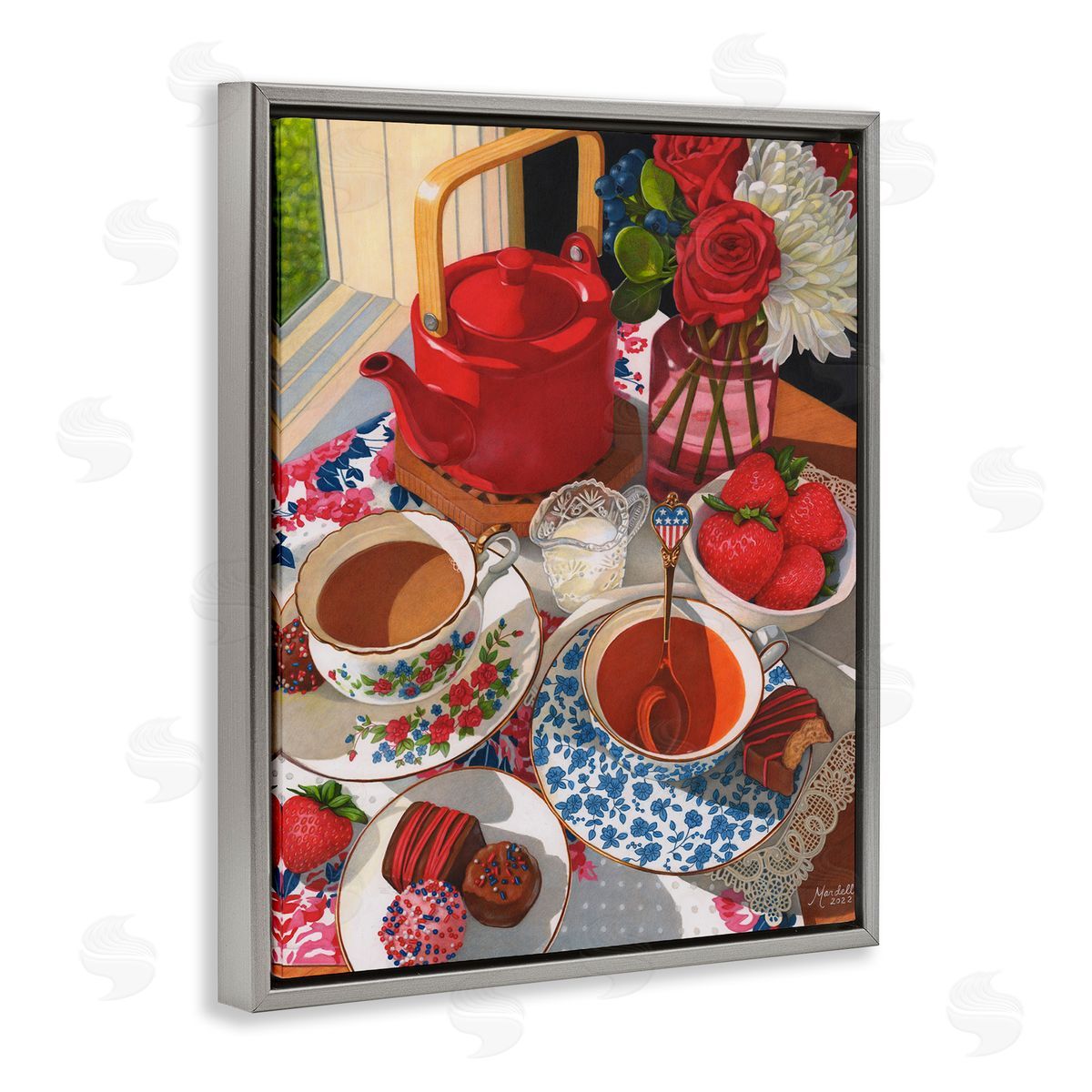 Patriotic Tea Party Grey Floating Frame Canvas Wall Art, Home Decor by Mardell Schuster