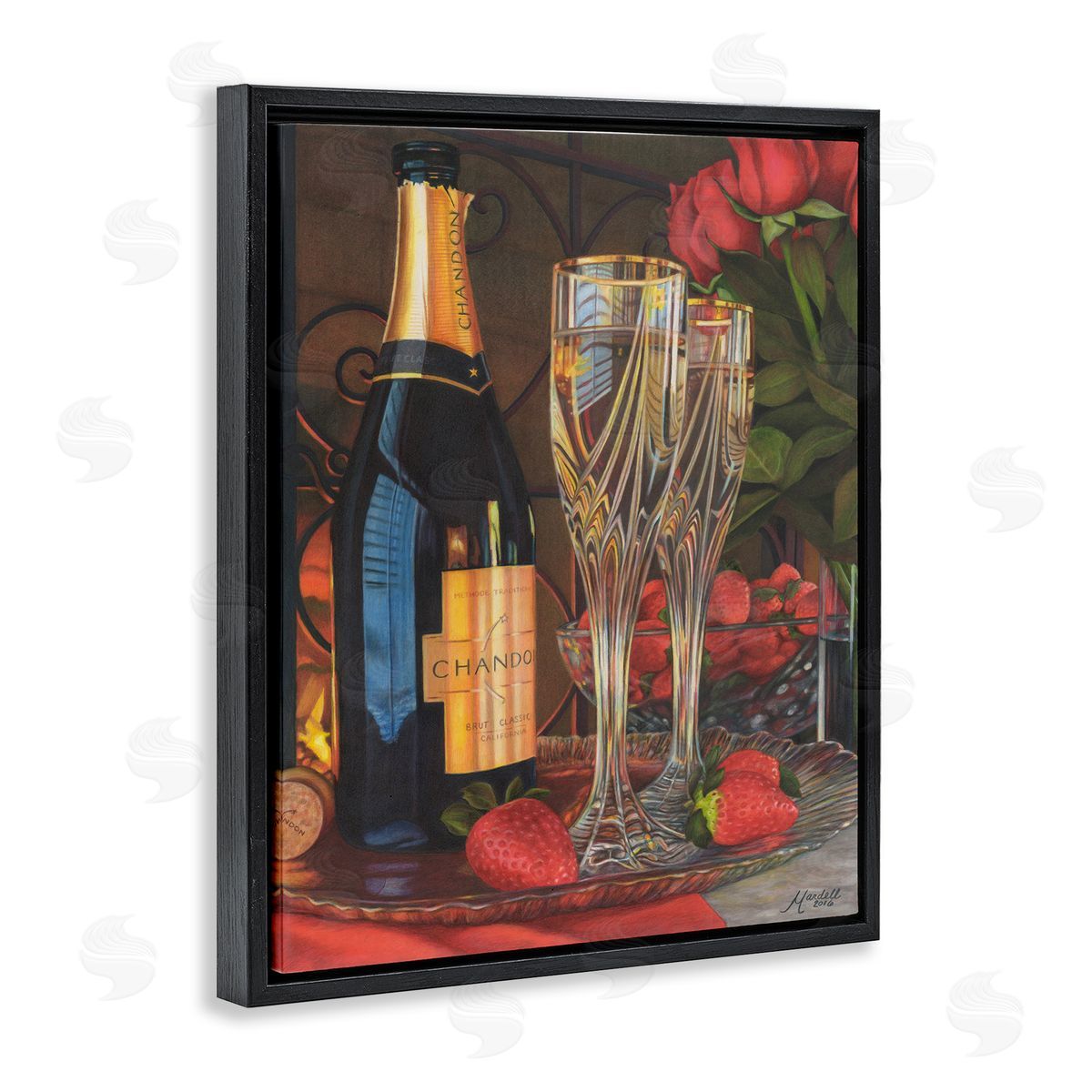 Romantic Champagne Pair Black Floating Frame Canvas Wall Art, Home Decor by Mardell Schuster