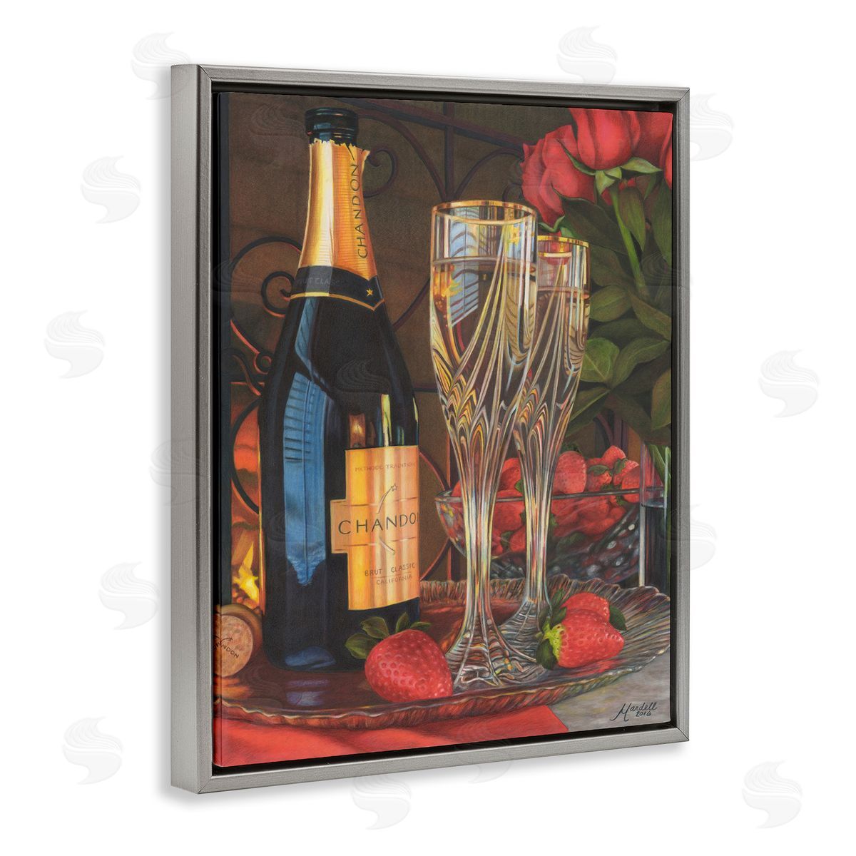 Romantic Champagne Pair Grey Floating Frame Canvas Wall Art, Home Decor by Mardell Schuster