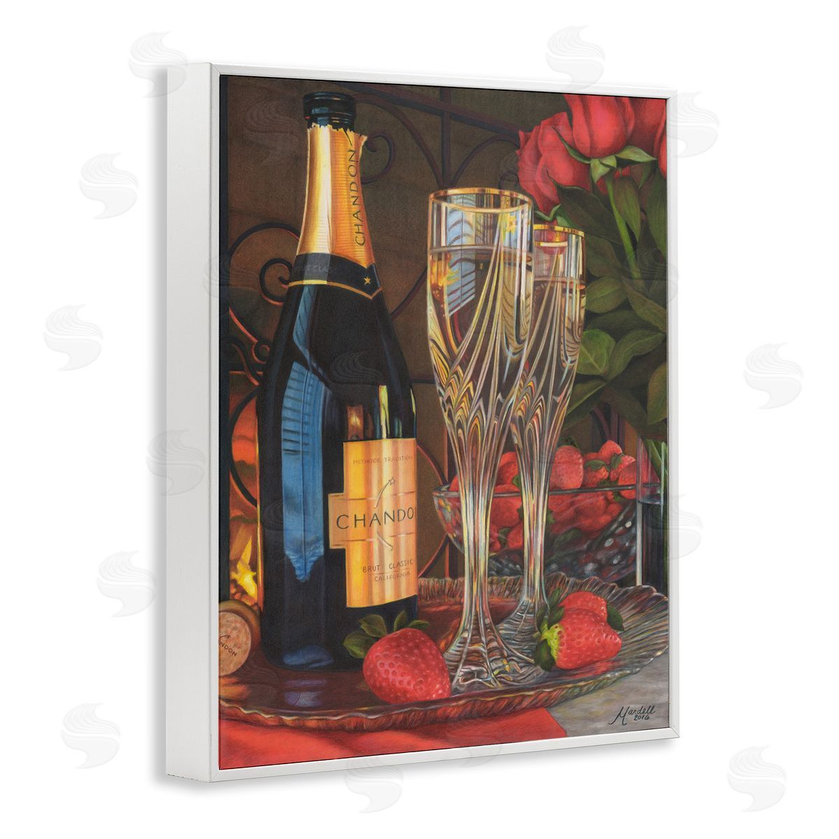 Romantic Champagne Pair White Frame Print Wall Art, Home Decor by Mardell Schuster