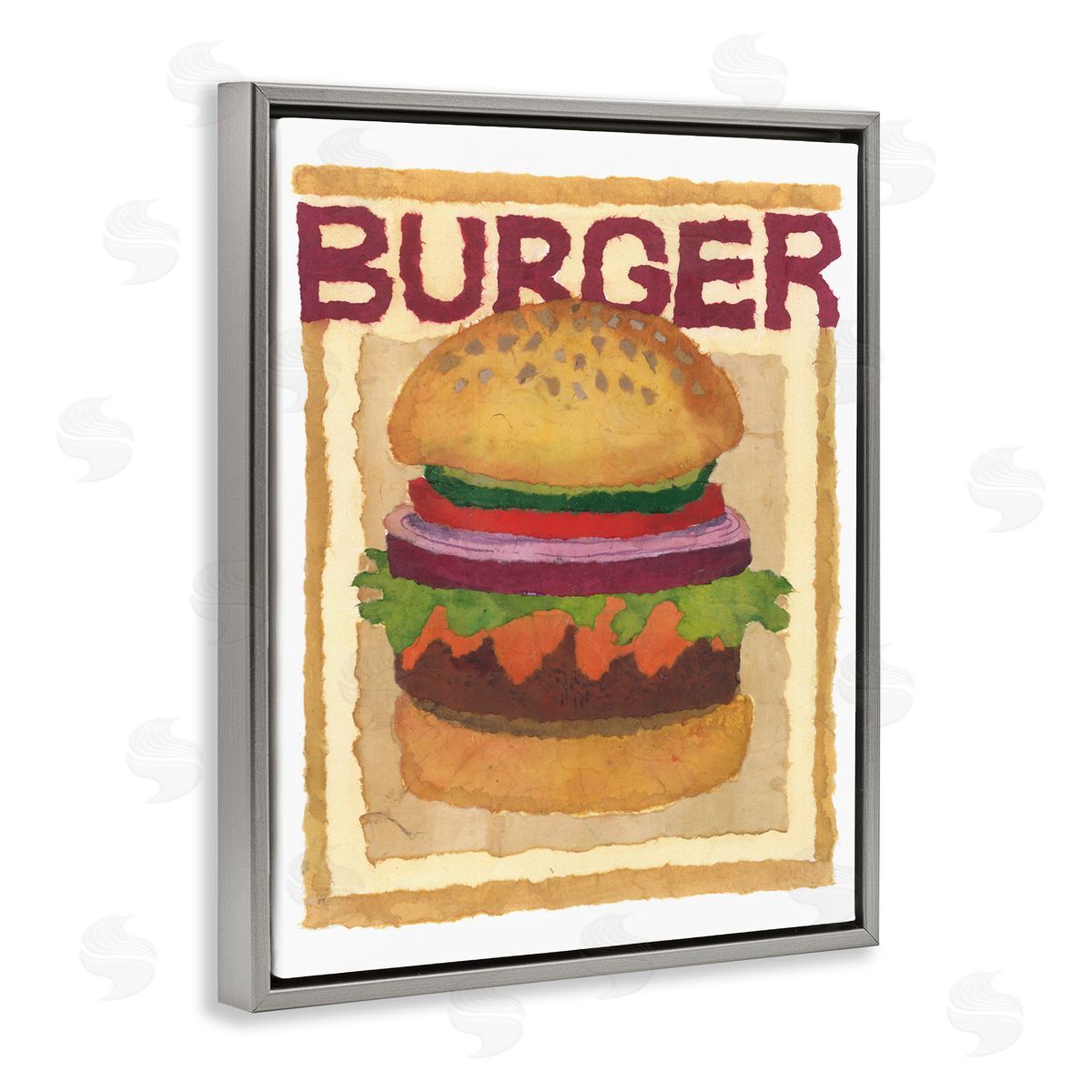 Watercolor Style Burger Grey Floating Frame Canvas Wall Art, Home Decor by Nancy Overton