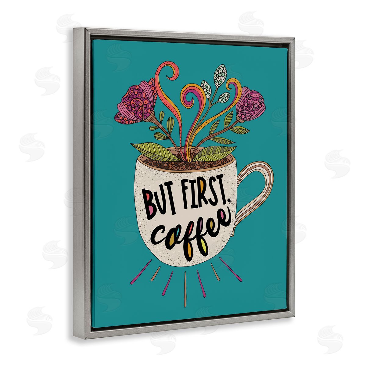 First Coffee with Florals Grey Floating Frame Canvas Wall Art, Home Decor by Valentina Harper