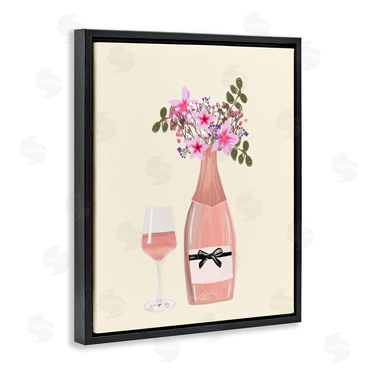 Floral Champagne and Glass Black Floating Frame Canvas Wall Art, Home Decor by Chen Alyesh