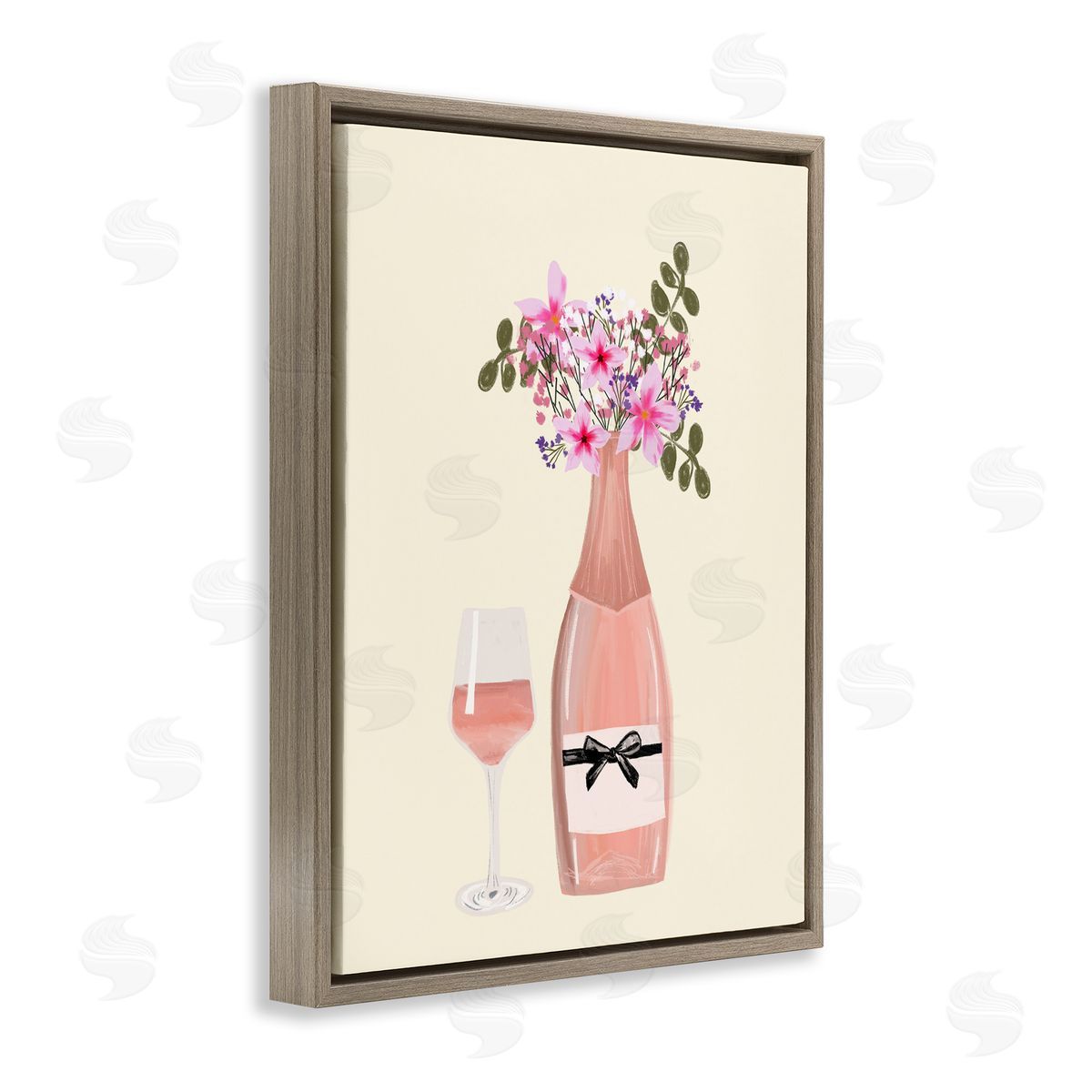 Floral Champagne and Glass Brown Floating Frame Canvas Wall Art, Home Decor by Chen Alyesh