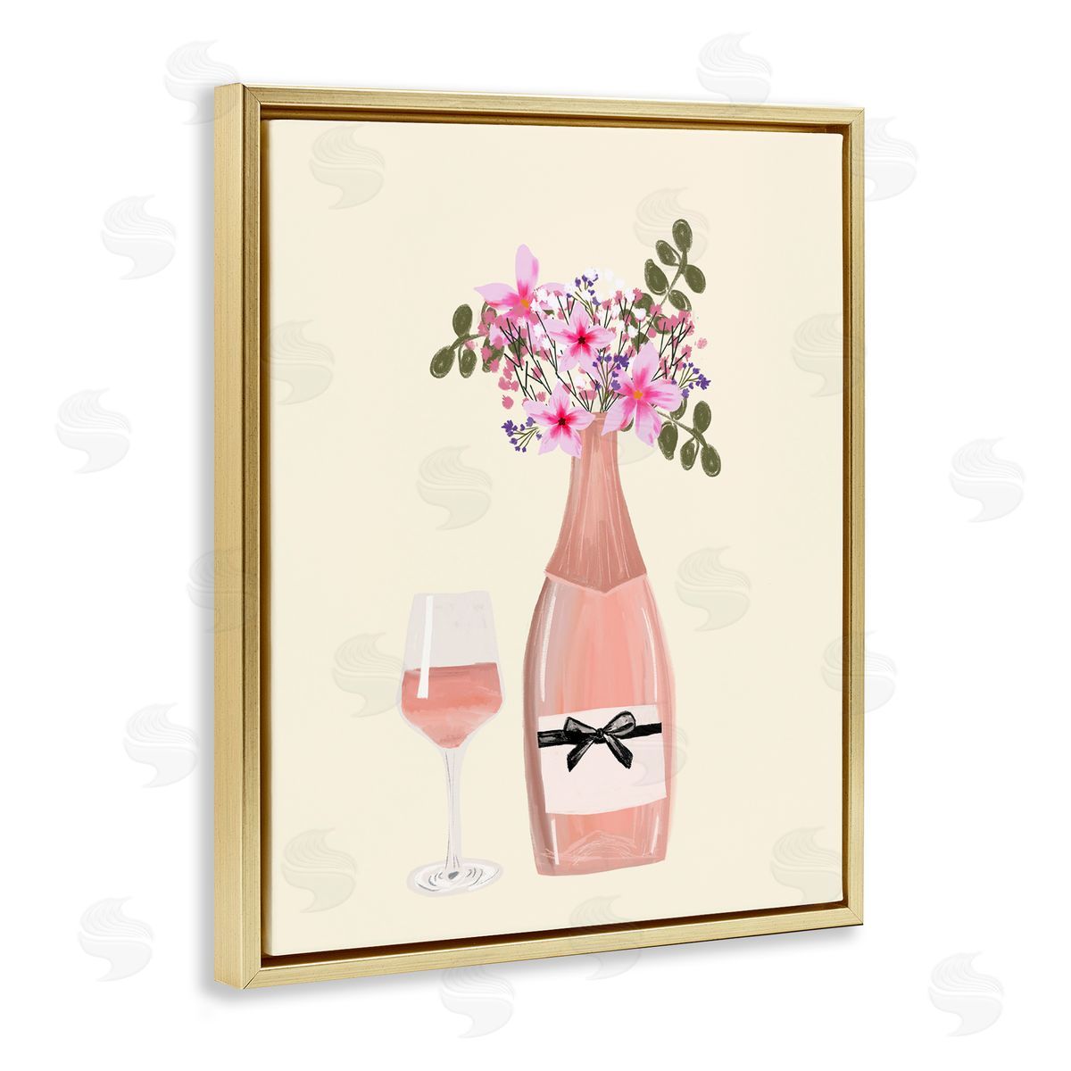 Floral Champagne and Glass Gold Floating Frame Canvas Wall Art, Home Decor by Chen Alyesh