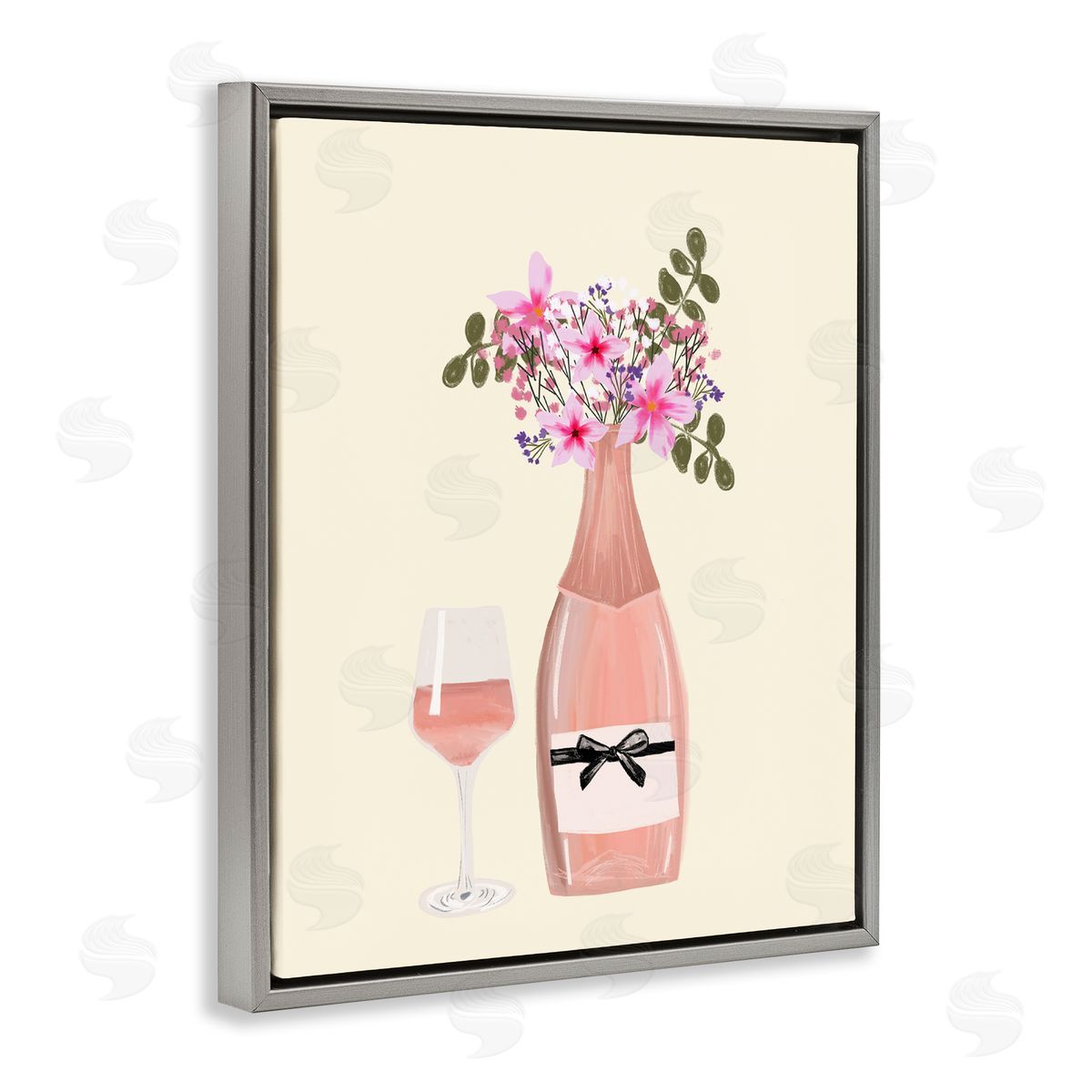 Floral Champagne and Glass Grey Floating Frame Canvas Wall Art, Home Decor by Chen Alyesh