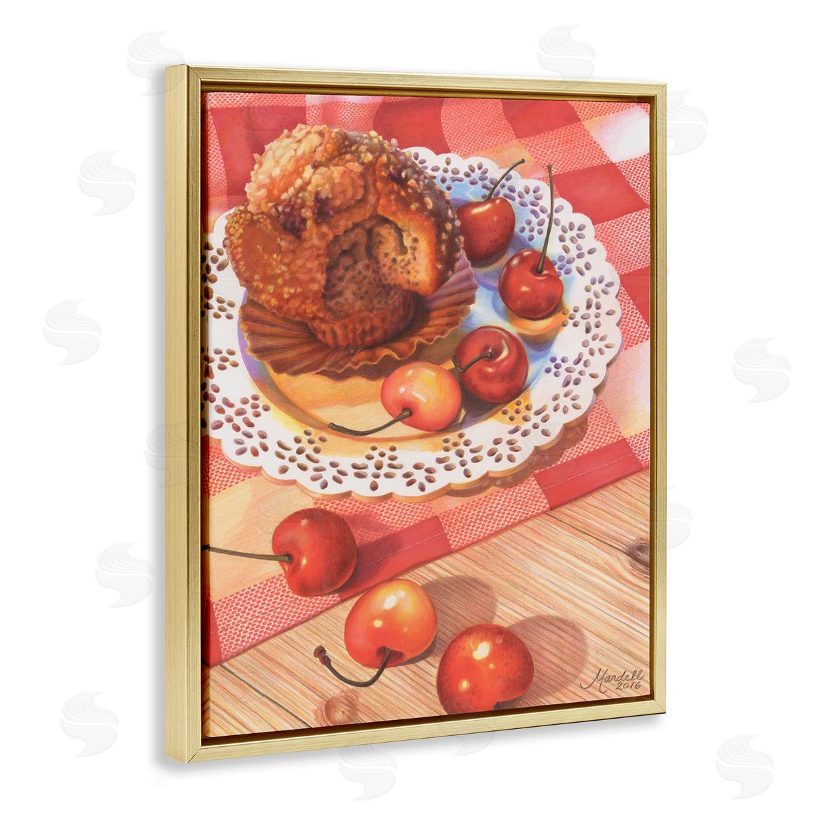 Country Cherries and Muffin Gold Floating Frame Canvas Wall Art, Home Decor by Mardell Schuster