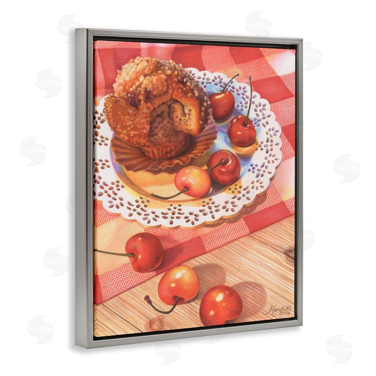 Country Cherries and Muffin Grey Floating Frame Canvas Wall Art, Home Decor by Mardell Schuster