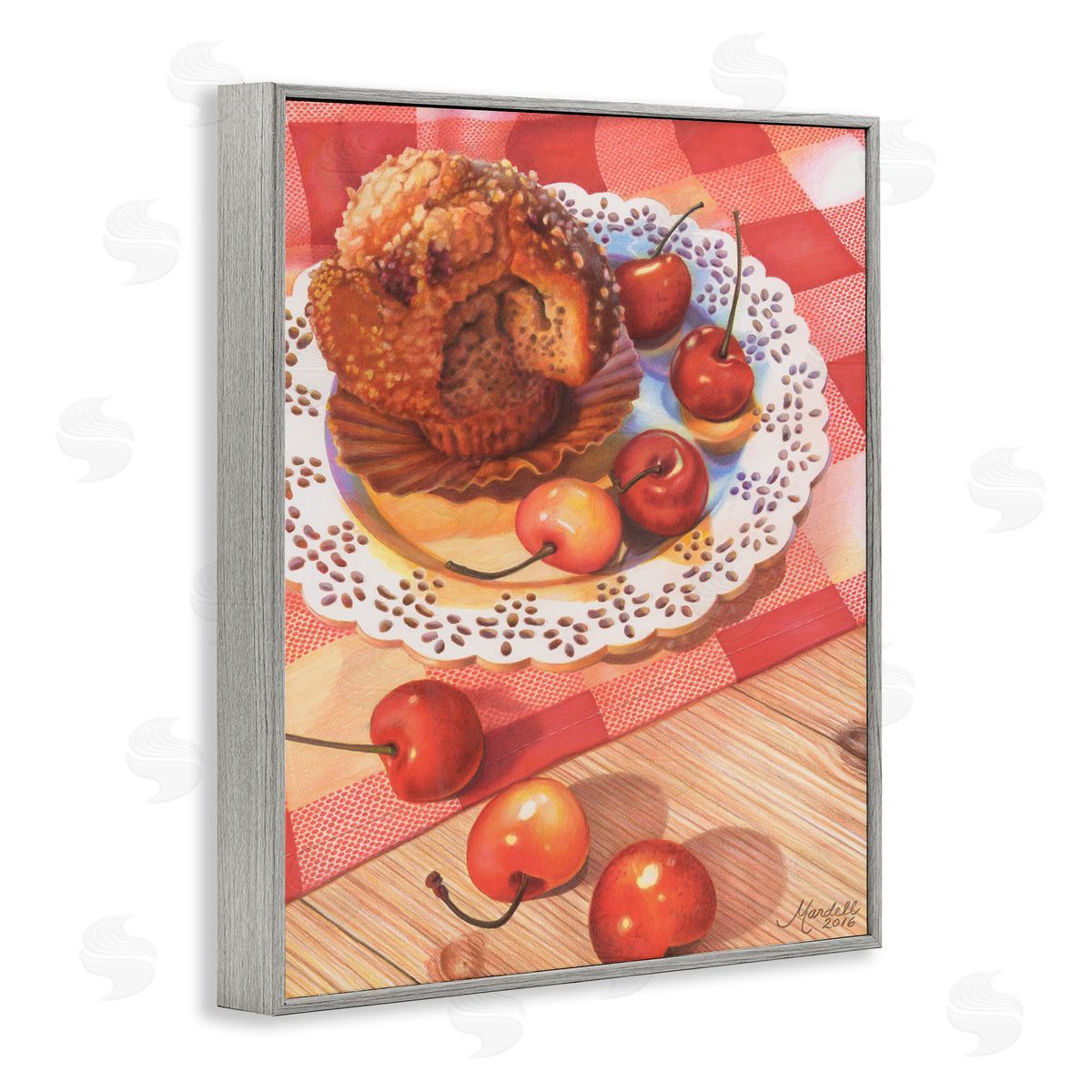 Country Cherries and Muffin Grey Frame Print Wall Art, Home Decor by Mardell Schuster