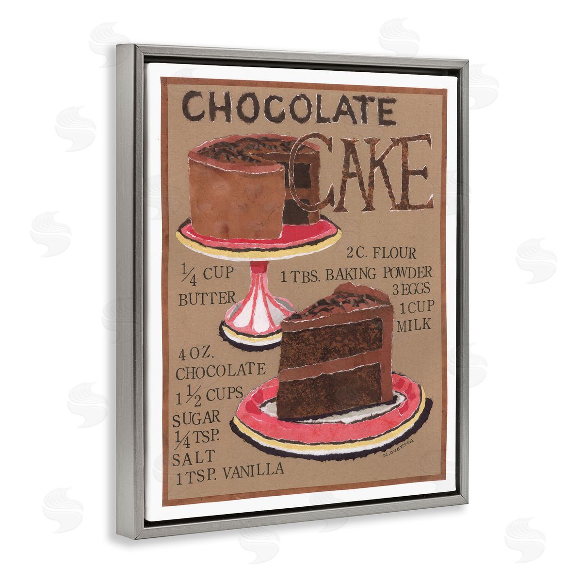 Chocolate Cake Recipe Grey Floating Frame Canvas Wall Art, Home Decor by Nancy Overton