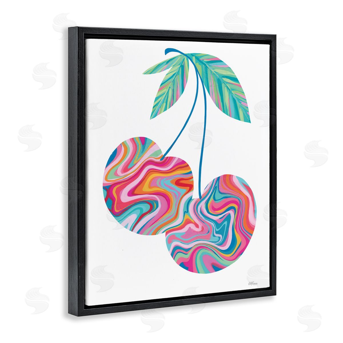 Groovy Waves Cherries Black Floating Frame Canvas Wall Art, Home Decor by Cat Thurman Designs