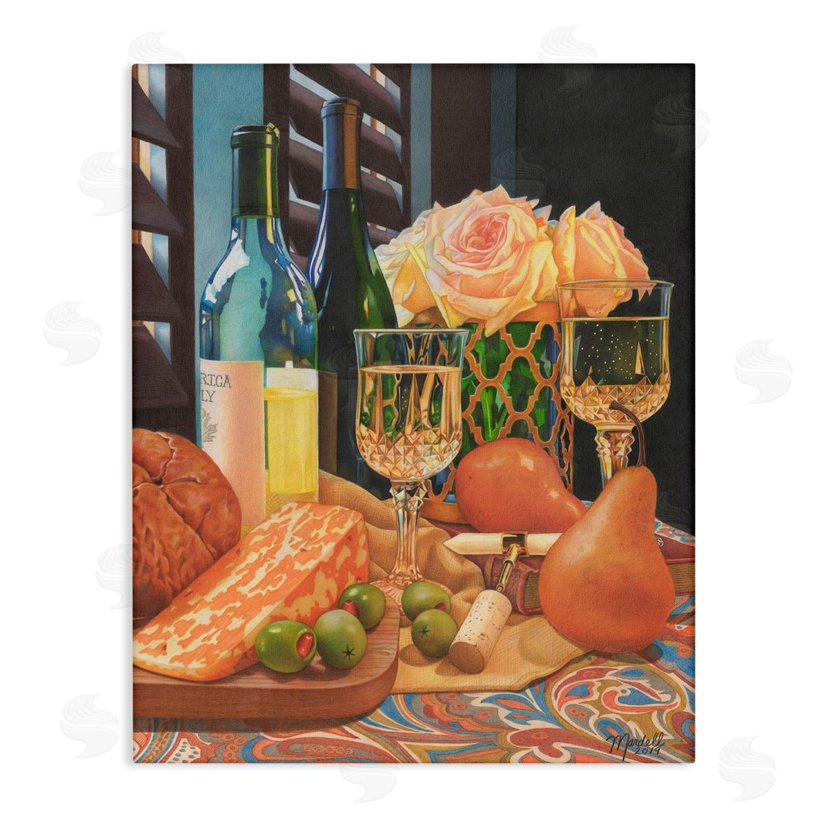 Romantic Wine and Cheese Canvas Wall Art, Home Decor by Mardell Schuster