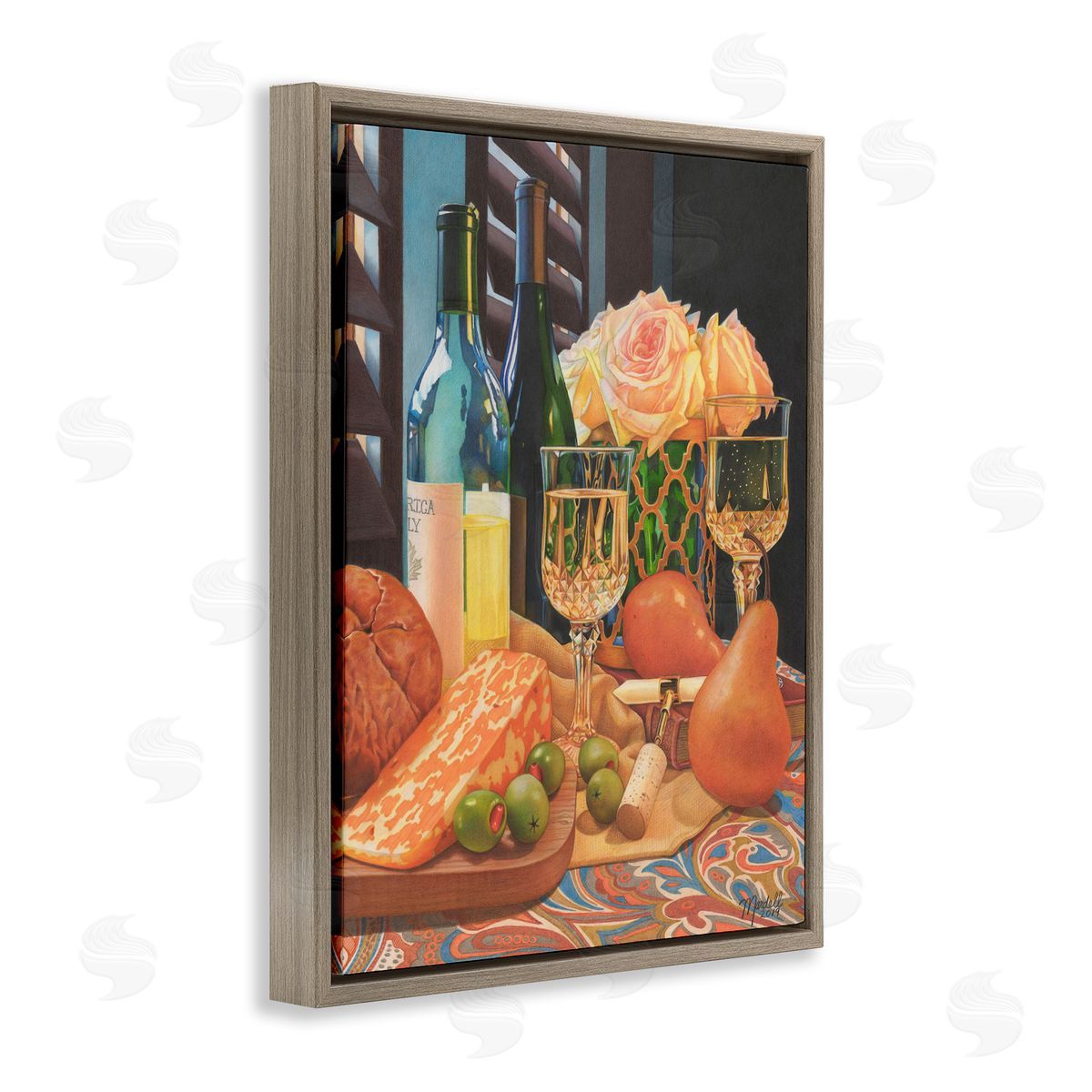 Romantic Wine and Cheese Brown Floating Frame Canvas Wall Art, Home Decor by Mardell Schuster