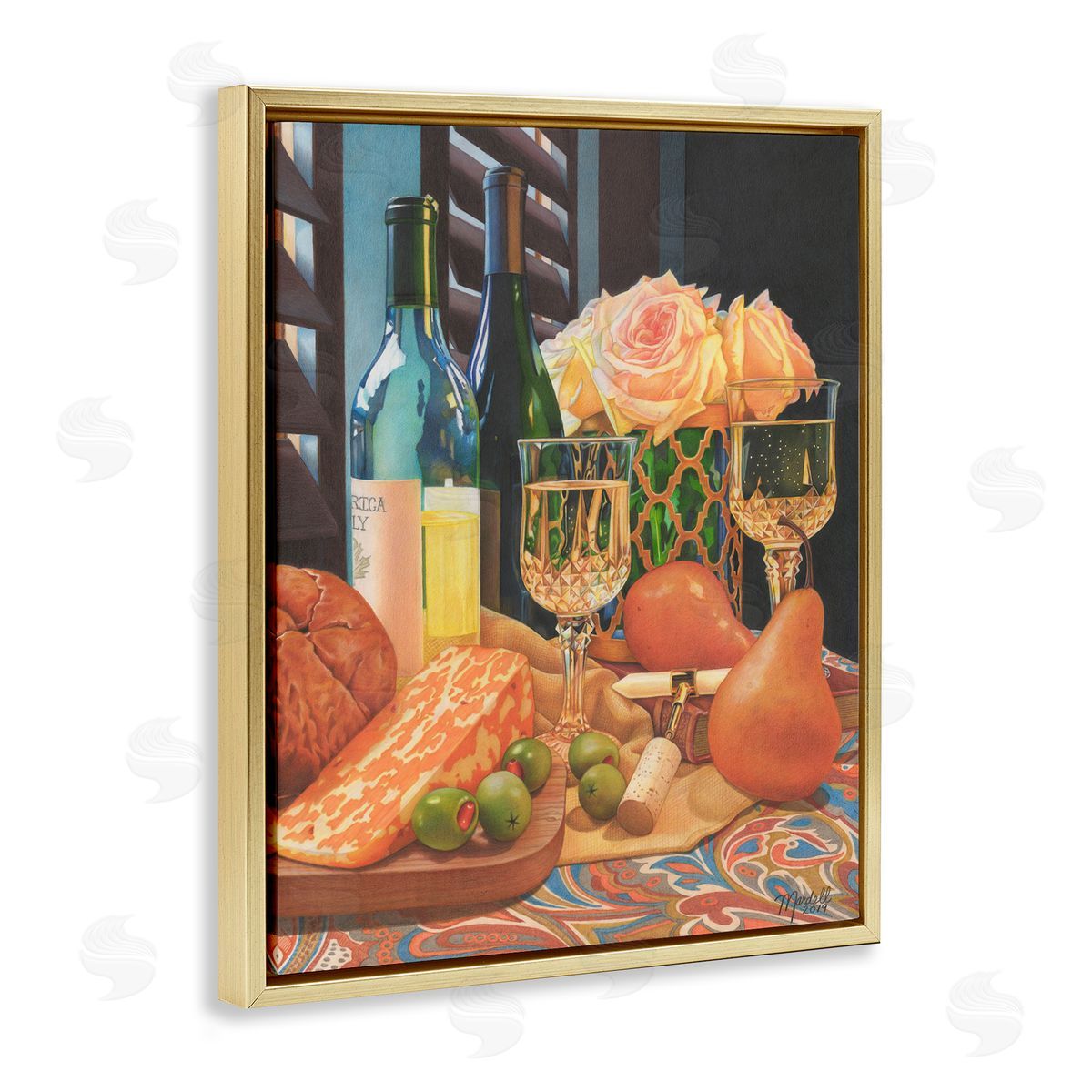 Romantic Wine and Cheese Gold Floating Frame Canvas Wall Art, Home Decor by Mardell Schuster