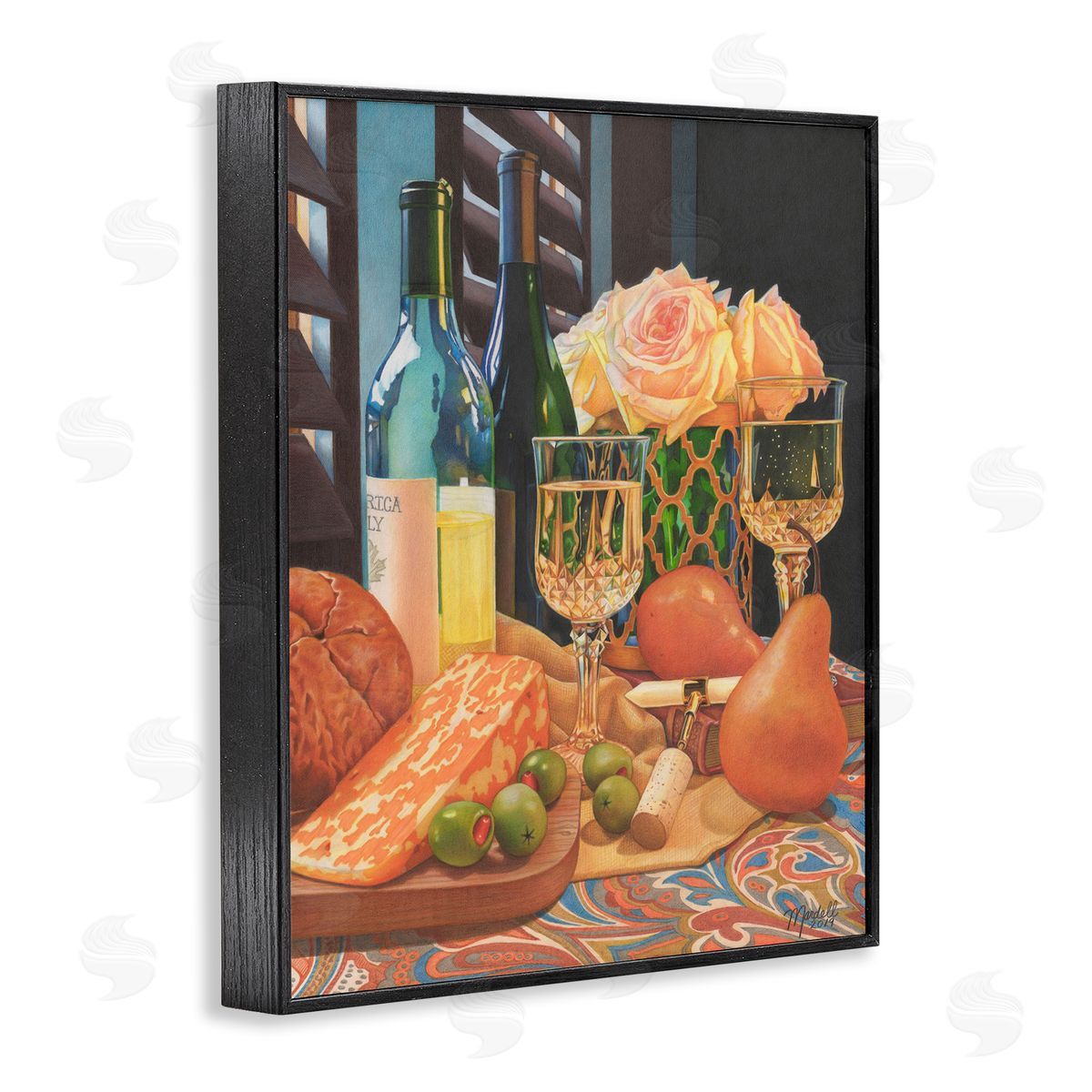 Romantic Wine and Cheese Black Frame Print Wall Art, Home Decor by Mardell Schuster