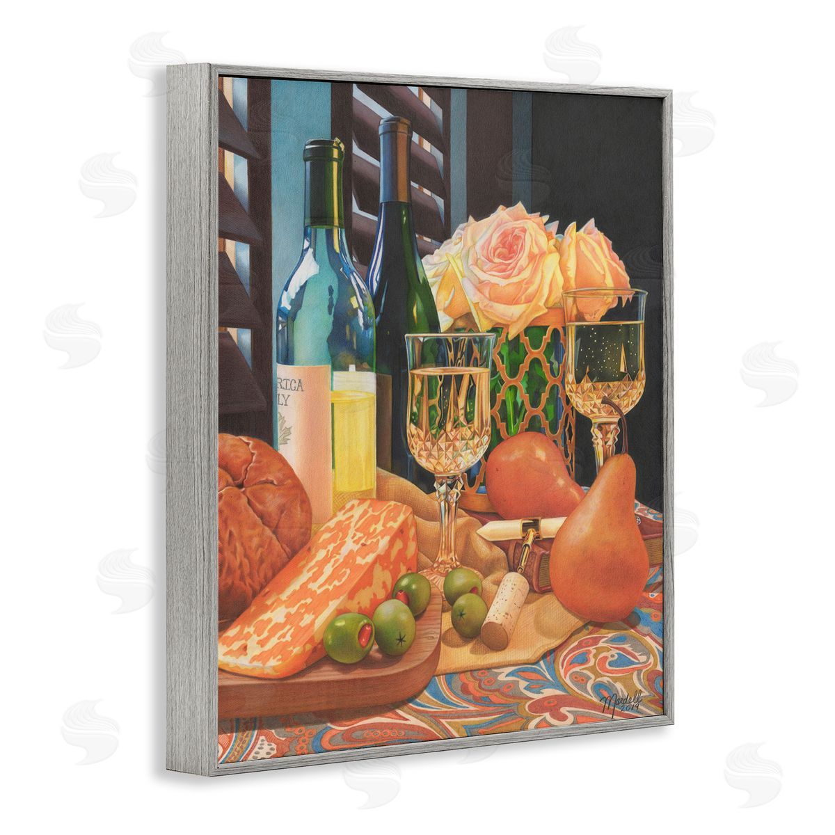 Romantic Wine and Cheese Grey Frame Print Wall Art, Home Decor by Mardell Schuster