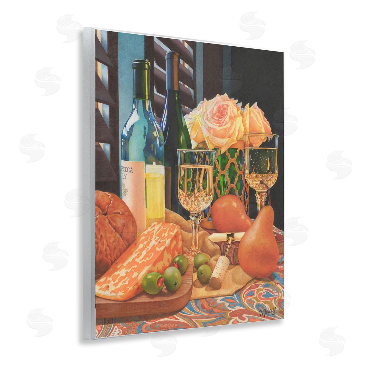 Romantic Wine and Cheese Wood Plaque Wall Art, Home Decor by Mardell Schuster