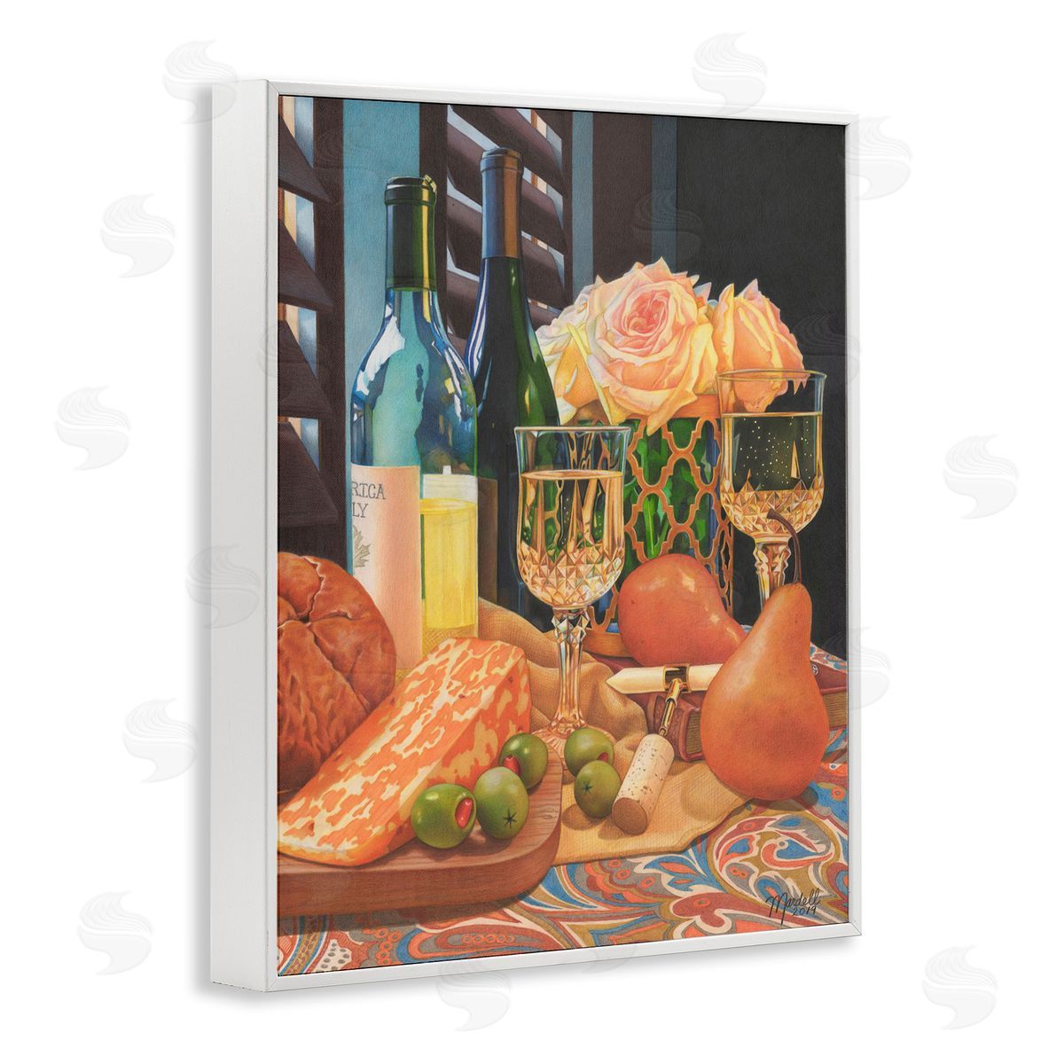 Romantic Wine and Cheese White Frame Print Wall Art, Home Decor by Mardell Schuster