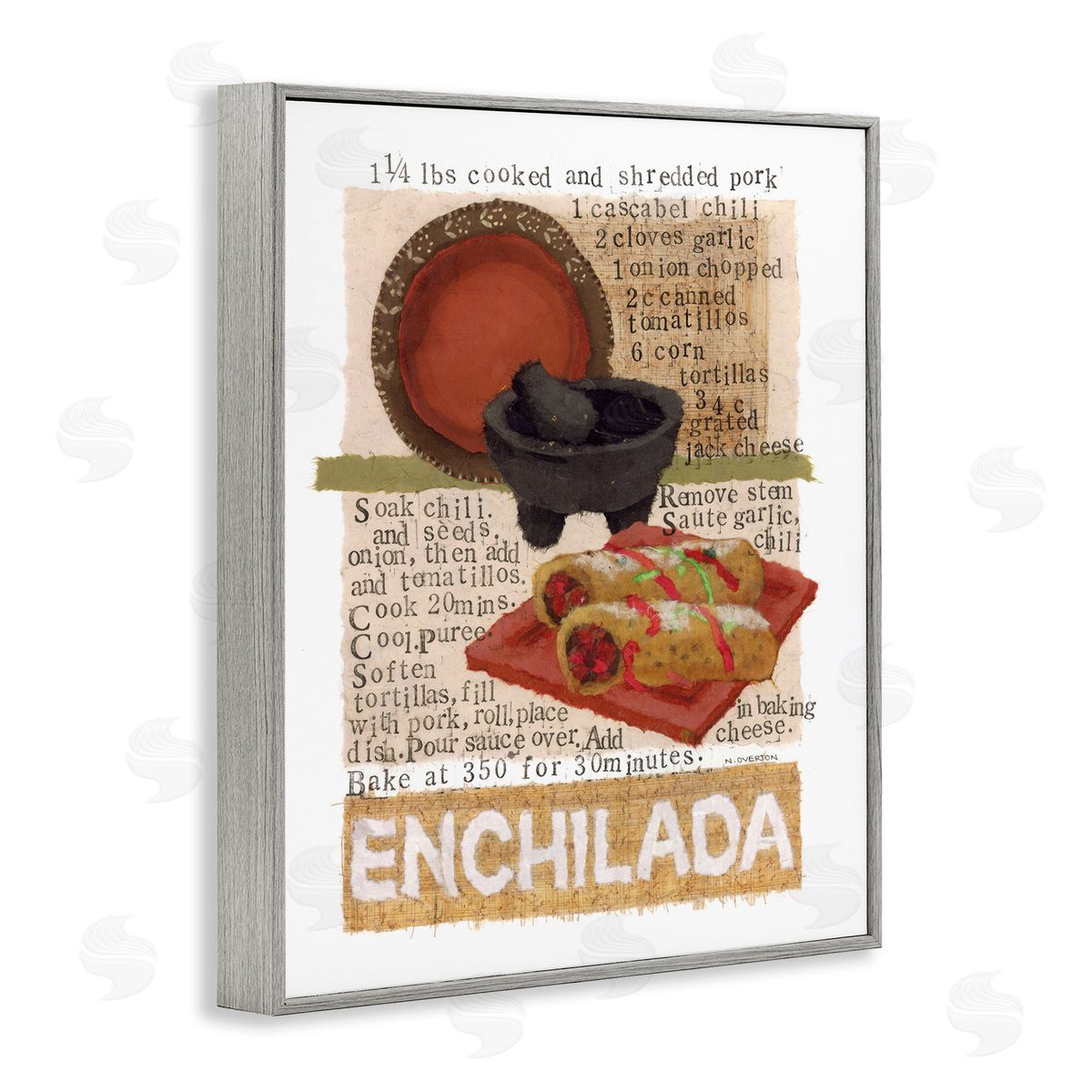 Mexican Enchilada Recipe Grey Frame Print Wall Art, Home Decor by Nancy Overton