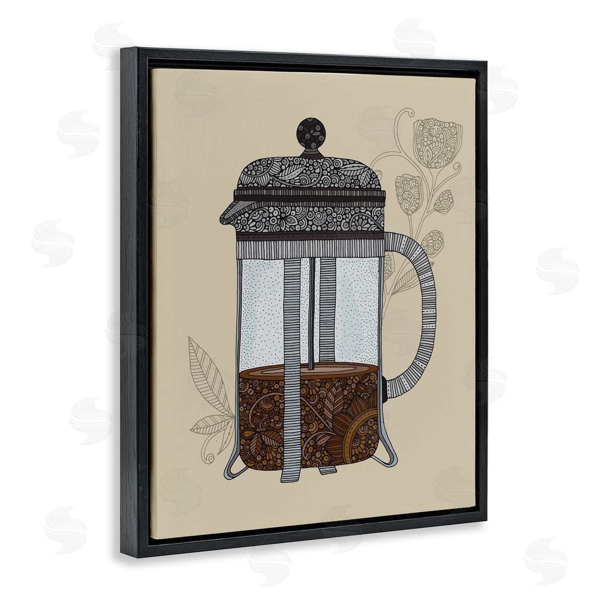 French Press Coffee Black Floating Frame Canvas Wall Art, Home Decor by Valentina Harper