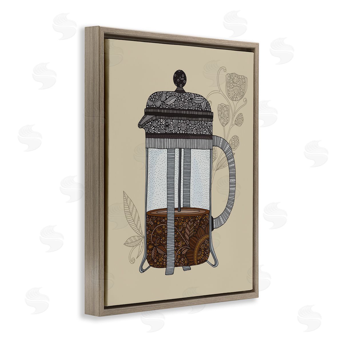 French Press Coffee Brown Floating Frame Canvas Wall Art, Home Decor by Valentina Harper