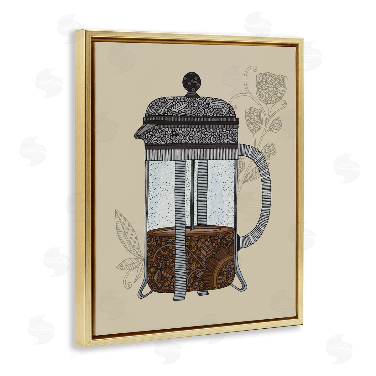 French Press Coffee Gold Floating Frame Canvas Wall Art, Home Decor by Valentina Harper