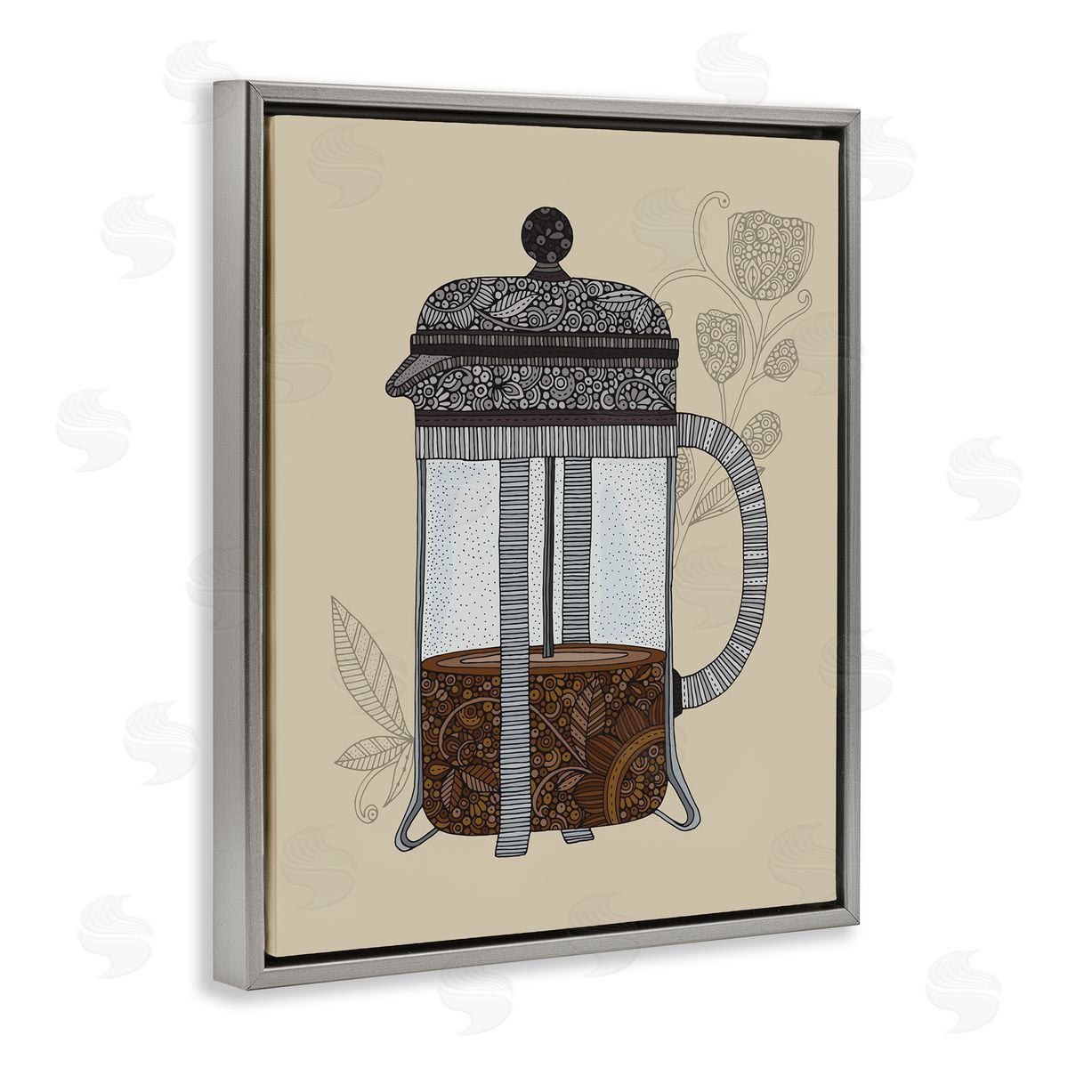 French Press Coffee Grey Floating Frame Canvas Wall Art, Home Decor by Valentina Harper
